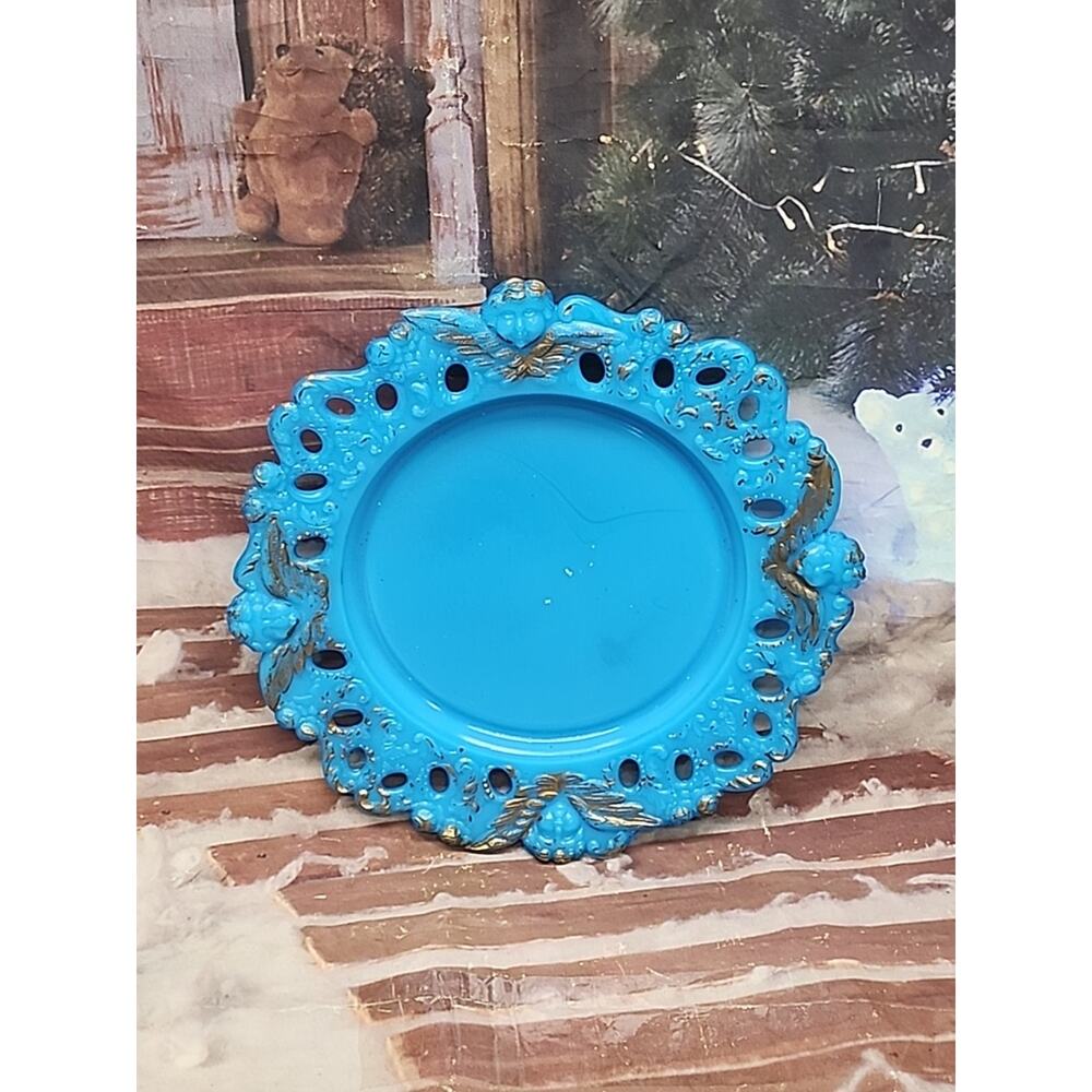 Antique Blue Opaline Cherub Plate Opaque Milk Glass Pierced Angels 9” Dithridge